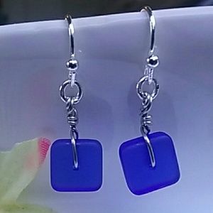 Square Cobalt Blue Sea Glass Silver Dangle Earring